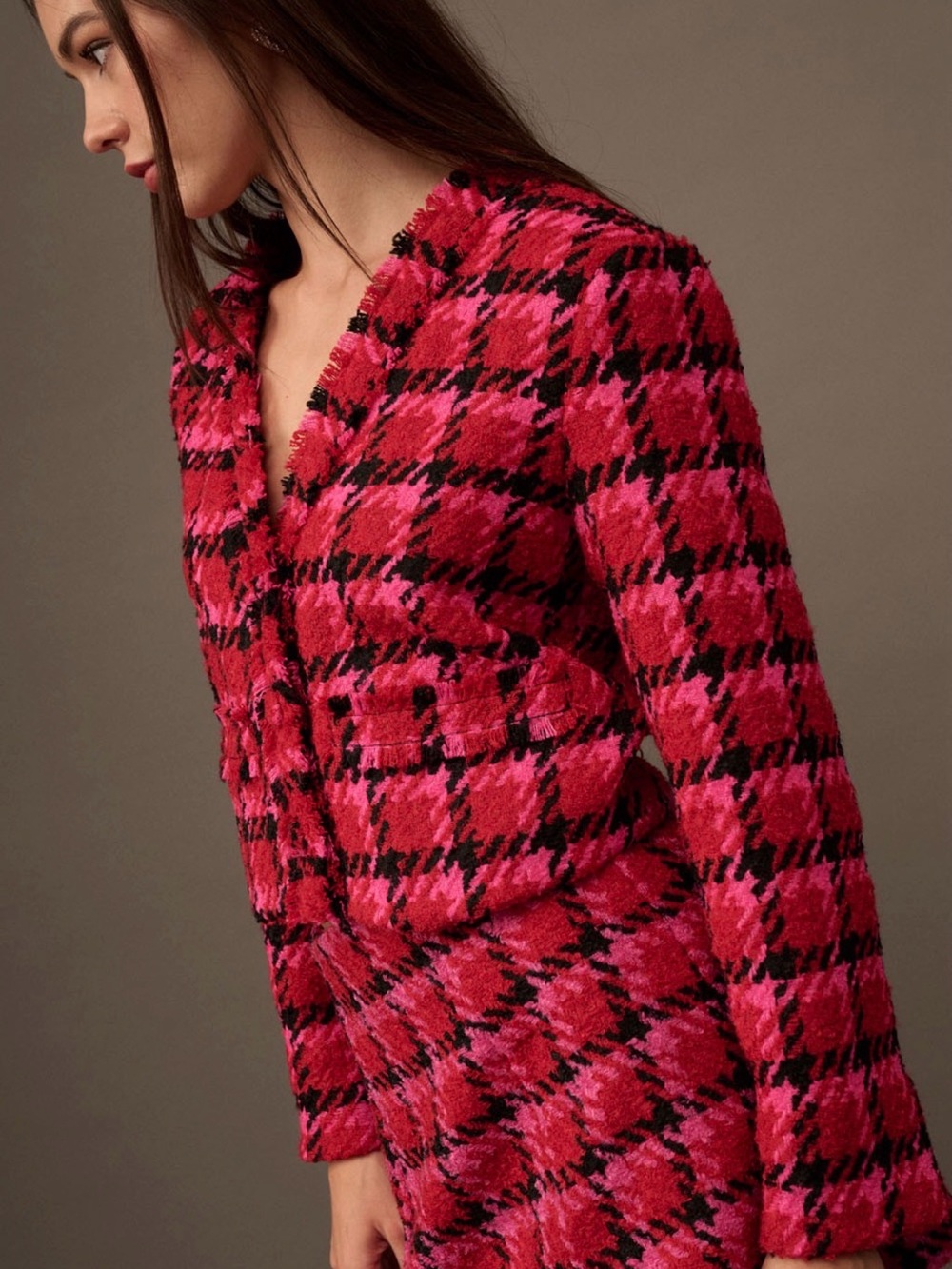 Promesa Pink and Black Houndstooth Bouclé Blazer